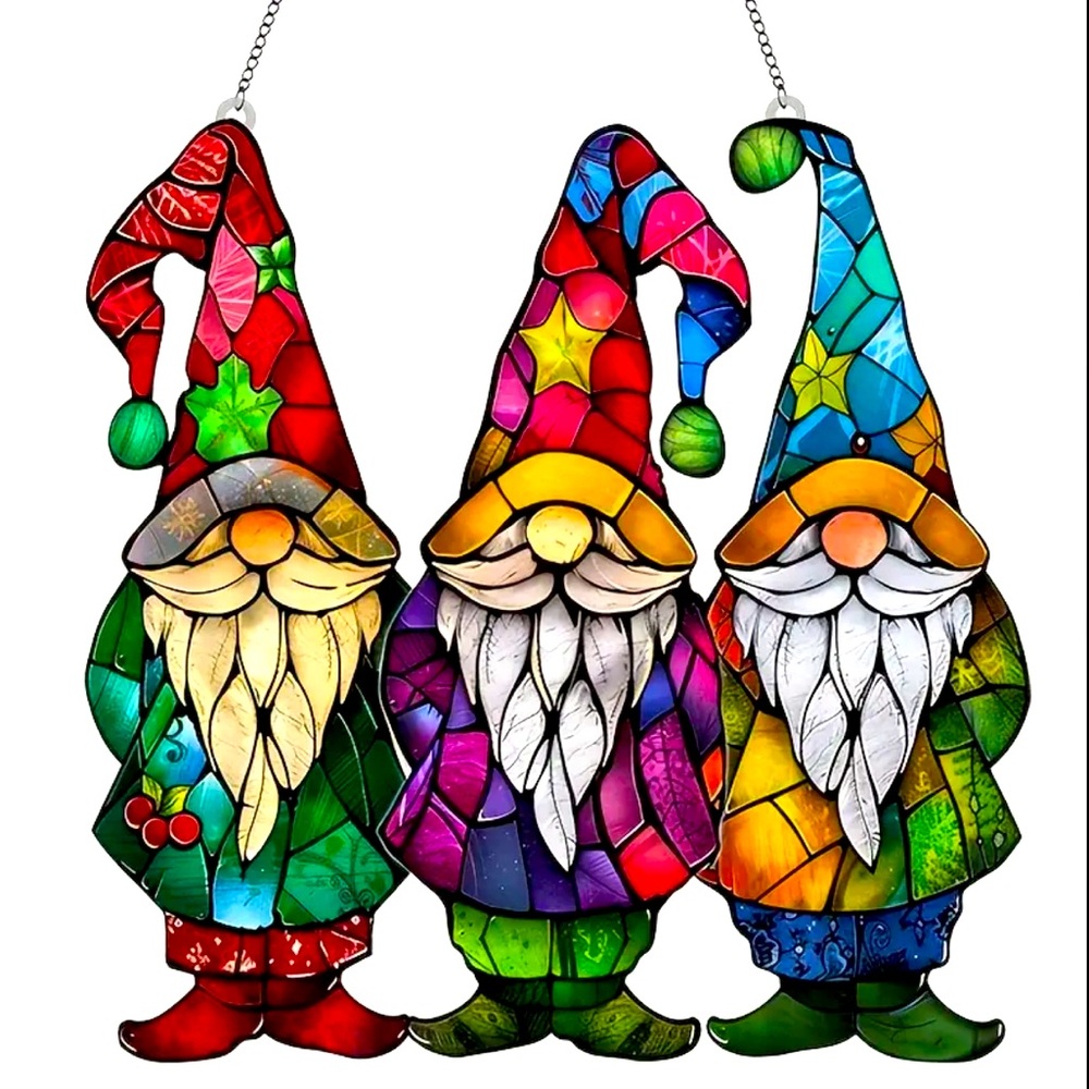 Stained Glass Gnome Window Hanger 3 Gnomes Waterproof Scratch Chemical Resistant